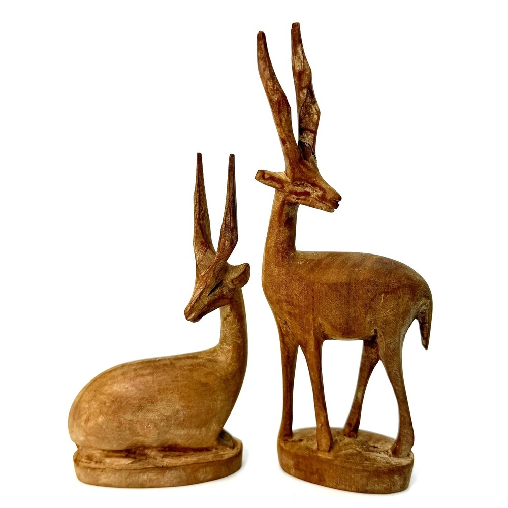 Vintage Hand Carved Wood Gazelle Antelope Set 2 Mid Century African Safari Decor